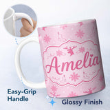 Personalized Custom Name Cute Reindeer Snowflake Stocking Pink Seamless Pattern Lovely 11oz Ceramic Coffee Tea Mug White Large Handle