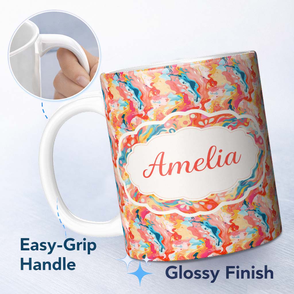 Personalized Custom Name Soft Pastel Marble Fluid Art Pink Peach Blue Abstract Pattern Lovely 11oz Ceramic Coffee Tea Mug White Large Handle