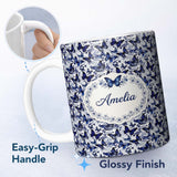 Personalized Custom Name Blue Butterfly Garden Floral Detailed Seamless Pattern Lovely 11oz Ceramic Coffee Tea Mug White Large Handle