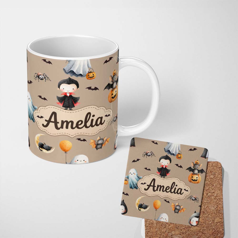 Personalized Custom Name Cute Halloween Dracula Ghost Bats on Brown Background Seamless 11oz Ceramic Coffee Tea Mug White Large Handle