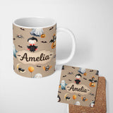 Personalized Custom Name Cute Halloween Dracula Ghost Bats on Brown Background Seamless 11oz Ceramic Coffee Tea Mug White Large Handle