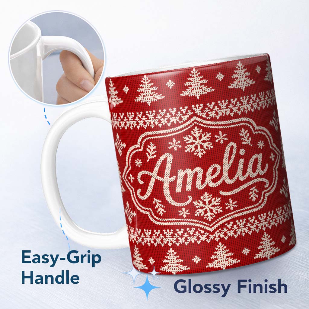 Personalized Custom Name Cute Red Knitted Christmas Tree Snowflake Nordic Classic Seamless 11oz Ceramic Coffee Tea Mug White Large Handle