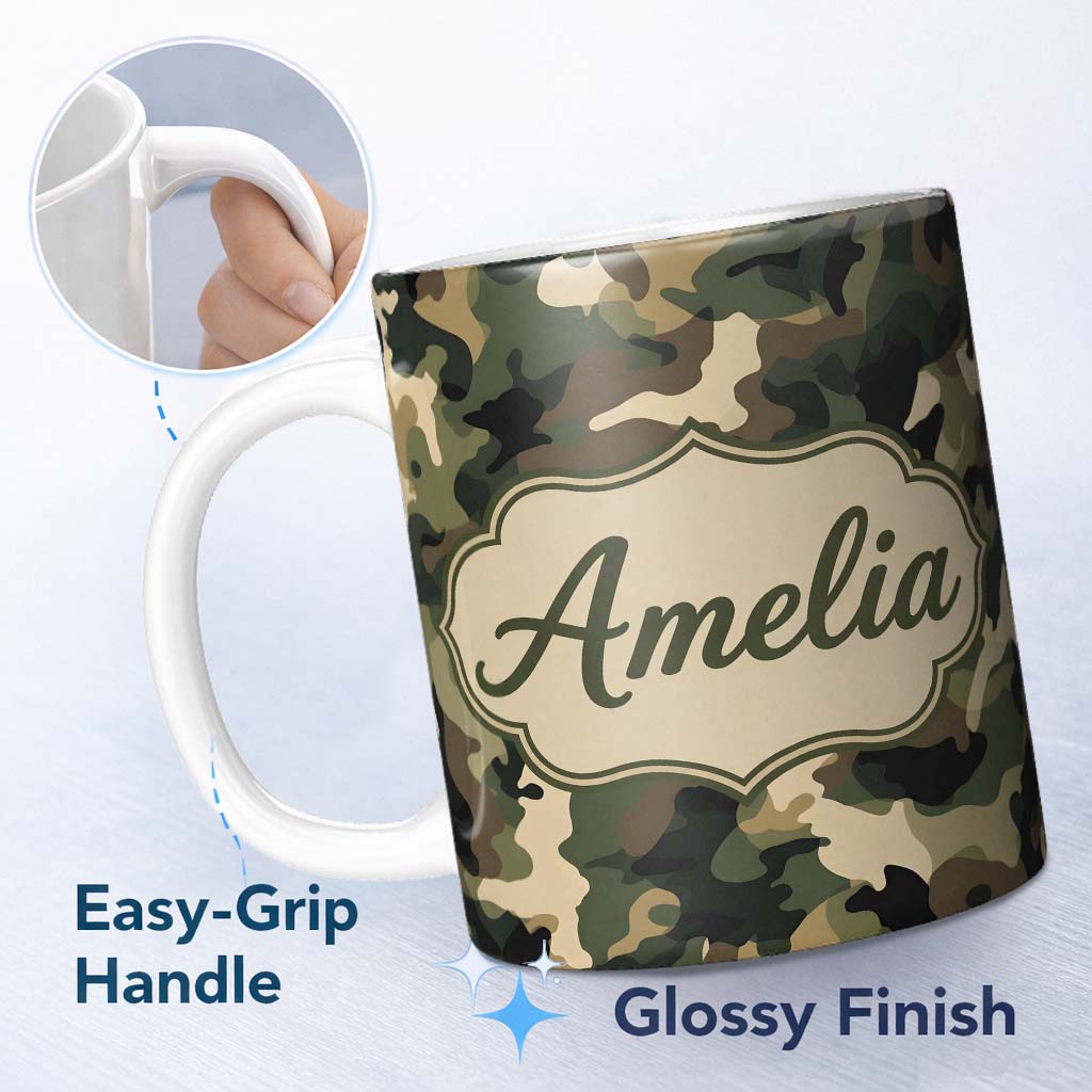 Personalized Custom Name Deep Forest Camouflage Seamless Pattern Stylish Everyday Mug Lovely 11oz Ceramic Coffee Tea Mug White Large Handle