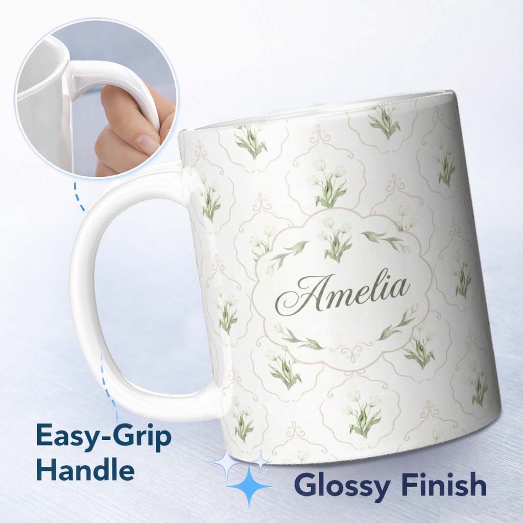 Personalized Custom Name Elegant Vintage Tulip Floral Frame Pattern with Soft Neutral Lovely 11oz Ceramic Coffee Tea Mug White Large Handle