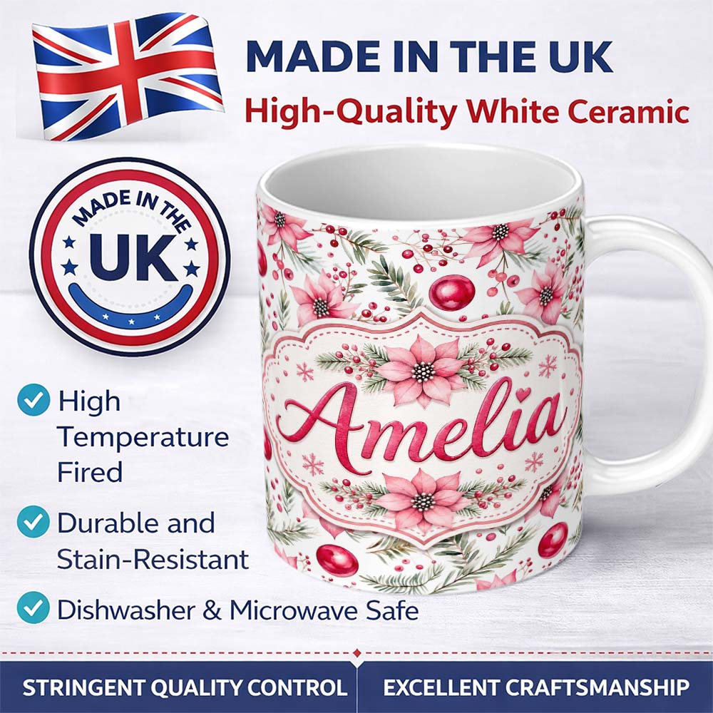 Personalized Custom Name Watercolor Pink Red Berries Pine Leaves Christmas Seamless Pattern 11oz Ceramic Coffee Tea Mug White Large Handle