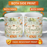 Personalized Custom Name Woodland Fox with Trees Leaves Mushrooms Soft Green Seamless 11oz Ceramic Coffee Tea Mug White Large Handle