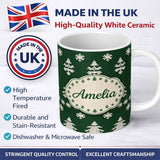 Personalized Custom Name Knitted Nordic Snowflake Christmas Tree Seamless Pattern Lovely 11oz Ceramic Coffee Tea Mug White Large Handle