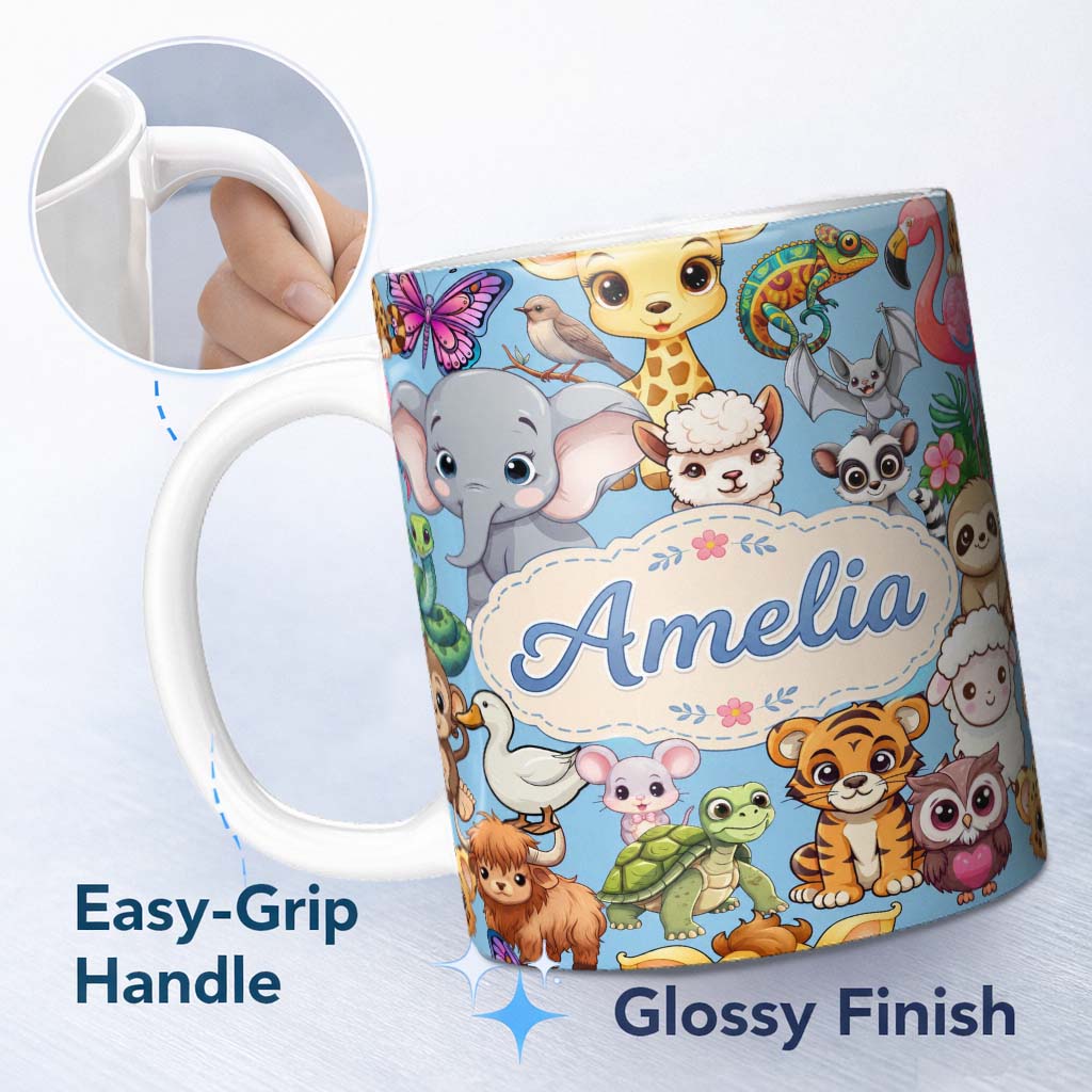 Personalized Custom Name Cute Cartoon Jungle Safari Animals Seamless Pattern on Blue Lovely 11oz Ceramic Coffee Tea Mug White Large Handle
