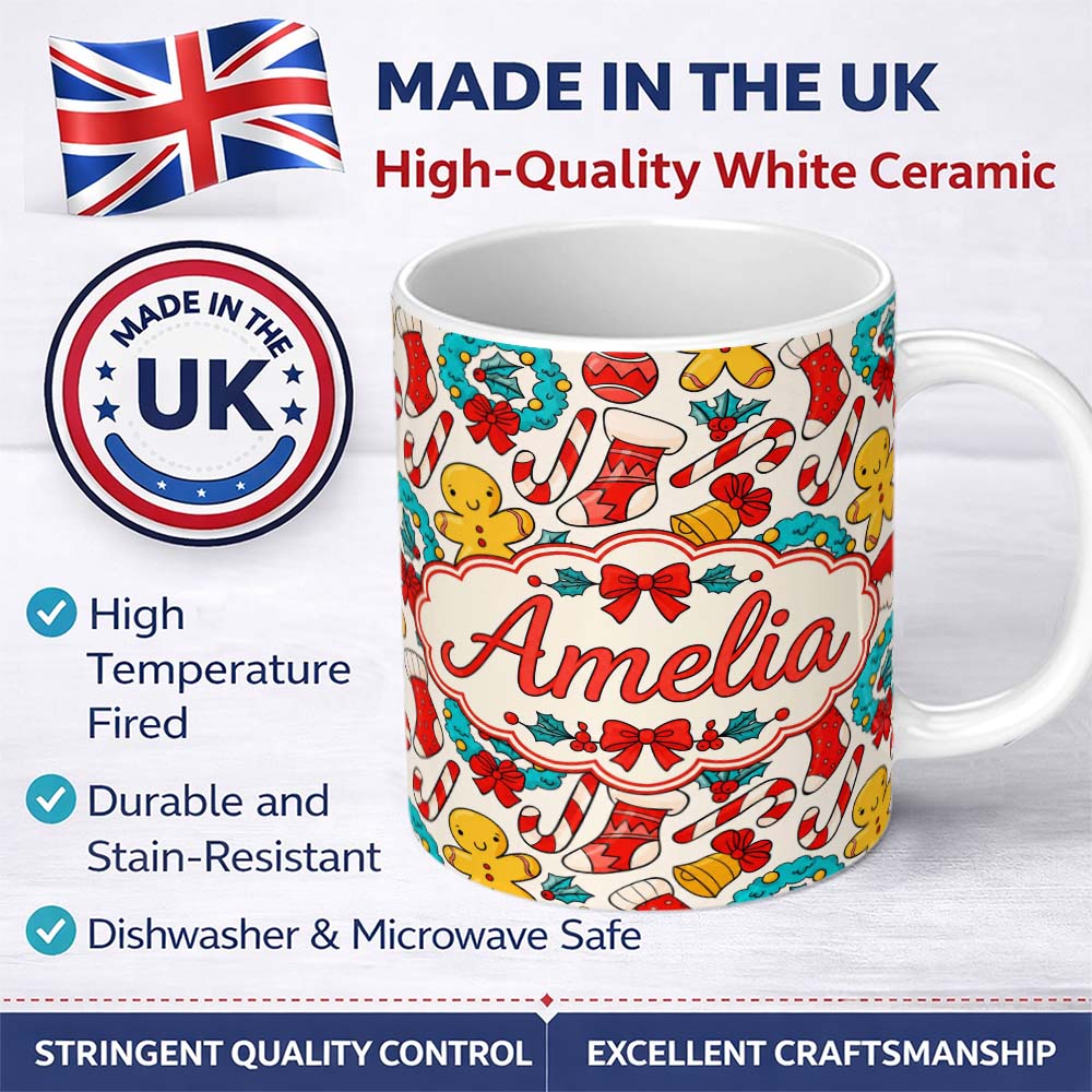 Personalized Custom Name Cute Gingerbread Candy Cane Wreath Stocking Christmas Seamless 11oz Ceramic Coffee Tea Mug White Large Handle