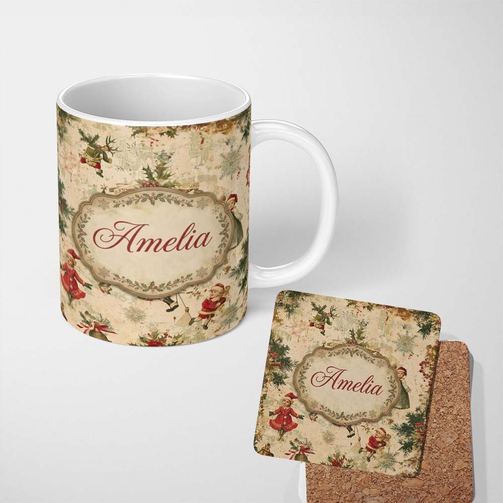 Personalized Custom Name Victorian Style Christmas Children Tree Holly and Festive Holiday 11oz Ceramic Coffee Tea Mug White Large Handle