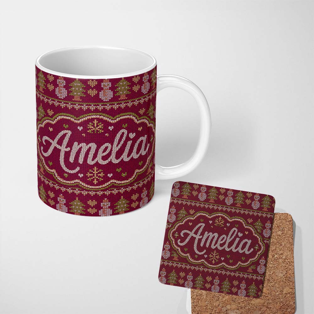 Personalized Custom Name Cute Burgundy Christmas Tree Ornament Nordic Knitted Seamless Lovely 11oz Ceramic Coffee Tea Mug White Large Handle