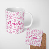 Personalized Custom Name Minimal Pink Christmas Tree Star Seamless Pattern Cute Unique Gift 11oz Ceramic Coffee Tea Mug White Large Handle
