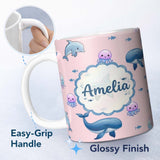Personalized Custom Name Cute Dolphin Shark and Jellyfish Ocean Animals Soft Pink Background 11oz Ceramic Coffee Tea Mug White Large Handle