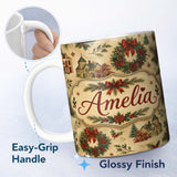 Personalized Custom Name Vintage Christmas Wreaths Bows Houses and Festive Holiday Elements 11oz Ceramic Coffee Tea Mug White Large Handle