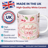 Personalized Custom Name Cute Strawberry Cherry Ribbon Bow Sweet Dessert Pattern Blush Pink 11oz Ceramic Coffee Tea Mug White Large Handle