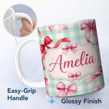 Personalized Custom Name Watercolor Ribbon Bow Seamless Pattern on Mint Gingham Background 11oz Ceramic Coffee Tea Mug White Large Handle