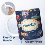 Personalized Custom Name Kid Scuba Diver Submarine Jellyfish Ocean Animal Purple Bubble 11oz Ceramic Coffee Tea Mug White Large Handle