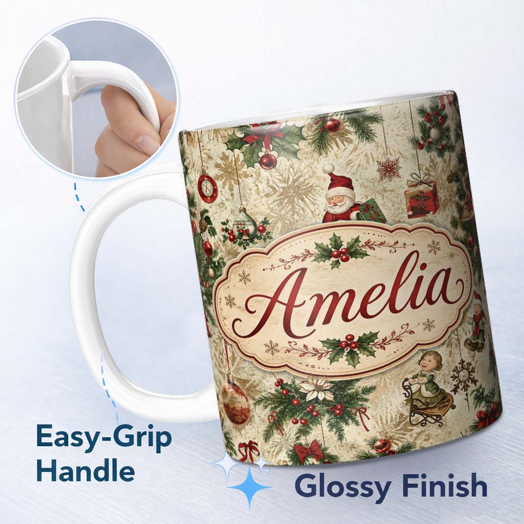 Personalized Custom Name Vintage Santa Gifts Holly Snowflakes Festive Christmas Holiday 11oz Ceramic Coffee Tea Mug White Large Handle