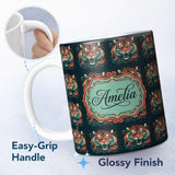Personalized Custom Name Fierce Tiger Face Dark Jungle Style Seamless Pattern Lovely 11oz Ceramic Coffee Tea Mug White Large Handle