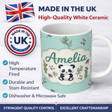 Personalized Custom Name Cute Panda Bear with Bamboo Leaves Floral Seamless Pattern Teal 11oz Ceramic Coffee Tea Mug White Large Handle