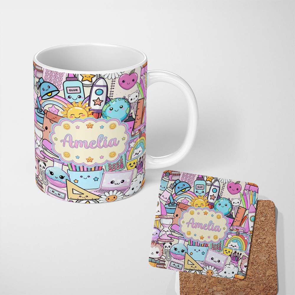 Personalized Custom Name Cute Kawaii School Supplies Science Art Cute Pattern Purple Lovely 11oz Ceramic Coffee Tea Mug White Large Handle