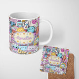 Personalized Custom Name Cute Kawaii School Supplies Science Art Cute Pattern Purple Lovely 11oz Ceramic Coffee Tea Mug White Large Handle