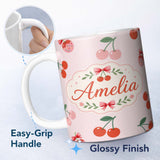 Personalized Custom Name Cute Cherry Fruit Soft Pink Background Sweet Seamless Pattern Lovely 11oz Ceramic Coffee Tea Mug White Large Handle