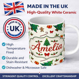 Personalized Custom Name Cute Christmas Trees with Gifts Candy Canes and Gingerbread Seamless 11oz Ceramic Coffee Tea Mug White Large Handle
