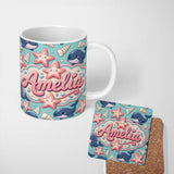 Personalized Custom Name Cute Kawaii Whale Starfish Seashell Ocean Animals Mint Background 11oz Ceramic Coffee Tea Mug White Large Handle