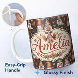 Personalized Custom Name Cute Autumn Gnome Pumpkin Mushroom Leaf Heart Seamless Pattern 11oz Ceramic Coffee Tea Mug White Large Handle