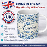 Personalized Custom Name Blue Floral Botanical Elegant Seamless Pattern Perfect Gift for Her 11oz Ceramic Coffee Tea Mug White Large Handle