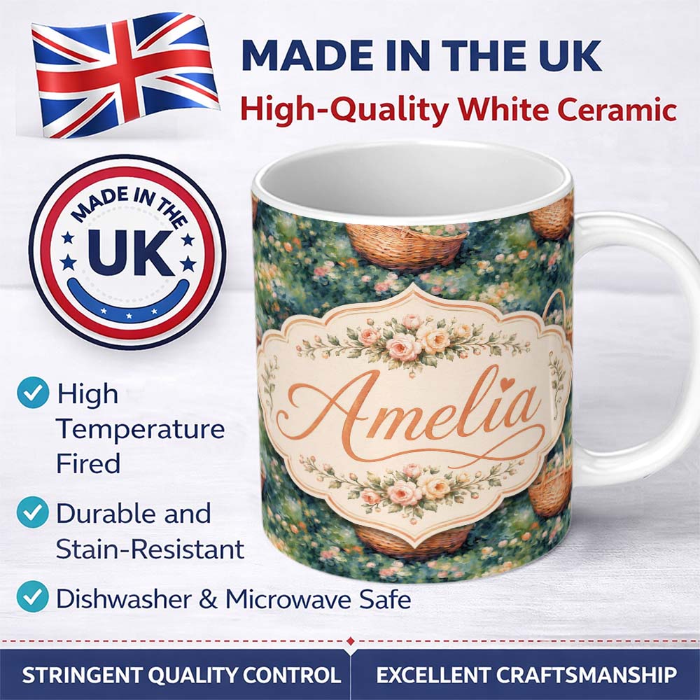 Personalized Custom Name Artistic Wicker Basket in Blooming Garden Seamless Pattern Lovely 11oz Ceramic Coffee Tea Mug White Large Handle