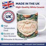 Personalized Custom Name Artistic Wicker Basket in Blooming Garden Seamless Pattern Lovely 11oz Ceramic Coffee Tea Mug White Large Handle