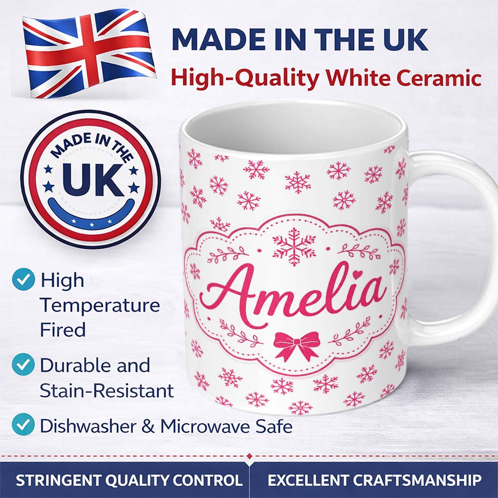 Personalized Custom Name Minimal Pink Snowflake White Background Winter Seamless Pattern 11oz Ceramic Coffee Tea Mug White Large Handle