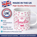 Personalized Custom Name Minimal Pink Snowflake White Background Winter Seamless Pattern 11oz Ceramic Coffee Tea Mug White Large Handle