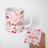 Personalized Custom Name Cute Cherry and Daisy Flowers with Pink Ribbon Bows Pink Gingham 11oz Ceramic Coffee Tea Mug White Large Handle