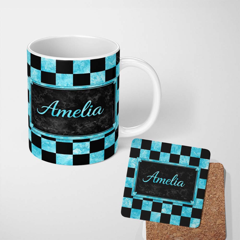 Personalized Custom Name Wavy Checkered Black Teal Abstract Pattern Thoughtful Gift Idea 11oz Ceramic Coffee Tea Mug White Large Handle