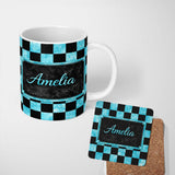 Personalized Custom Name Wavy Checkered Black Teal Abstract Pattern Thoughtful Gift Idea 11oz Ceramic Coffee Tea Mug White Large Handle