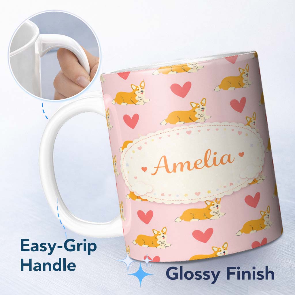Personalized Custom Name Playful Corgi Dogs Heart Seamless Pattern Perfect Gift for Her 11oz Ceramic Coffee Tea Mug White Large Handle