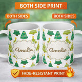 Personalized Custom Name Cute Decorated Christmas Trees with Stars on Soft Grey Background 11oz Ceramic Coffee Tea Mug White Large Handle