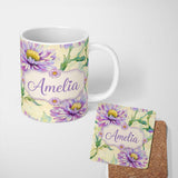 Personalized Custom Name Watercolor Purple Daisy Floral Seamless Pattern on Soft Cream Lovely 11oz Ceramic Coffee Tea Mug White Large Handle