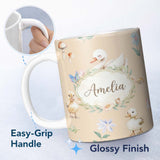 Personalized Custom Name Swan and Ducklings with Flowers Mushrooms Soft Beige Seamless 11oz Ceramic Coffee Tea Mug White Large Handle