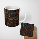 Personalized Custom Name Rust and Gold Splatter Texture Dark Metallic Grunge Seamless Pattern 11oz Ceramic Coffee Tea Mug White Large Handle