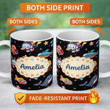 Personalized Custom Name Kid Scuba Diver Submarine Jellyfish Ocean Animals Deep Black Bubble 11oz Ceramic Coffee Tea Mug White Large Handle