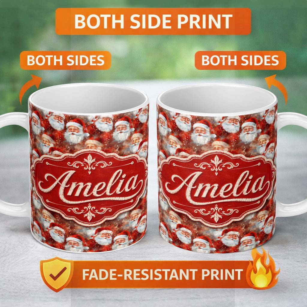 Personalized Custom Name Vintage Style Santa Faces Snowy Red Background Christmas Seamless 11oz Ceramic Coffee Tea Mug White Large Handle