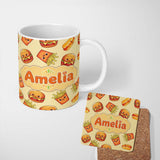 Personalized Custom Name Cute Kawaii Burger Fries Hotdog Fast Food Yellow Background 11oz Ceramic Coffee Tea Mug White Large Handle