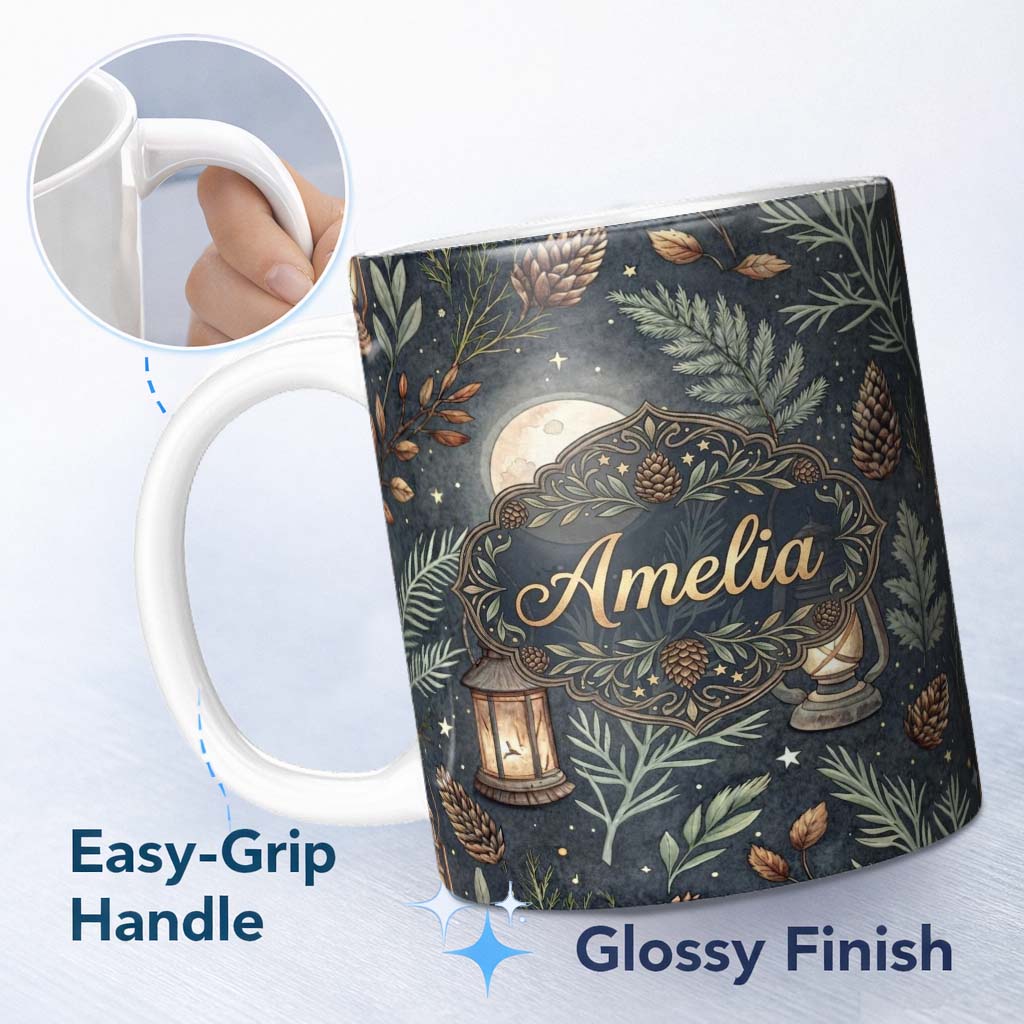 Personalized Custom Name Celestial Lantern Moon Pine Leaves Night Seamless Pattern Lovely 11oz Ceramic Coffee Tea Mug White Large Handle