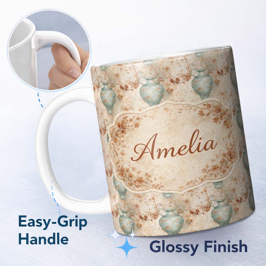 Personalized Custom Name Distressed Green Vase Seamless Pattern Vintage Floral Rustic Texture 11oz Ceramic Coffee Tea Mug White Large Handle