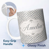 Personalized Custom Name Modern Geometric Lattice Pattern in Grey and White Symmetrical 11oz Ceramic Coffee Tea Mug White Large Handle