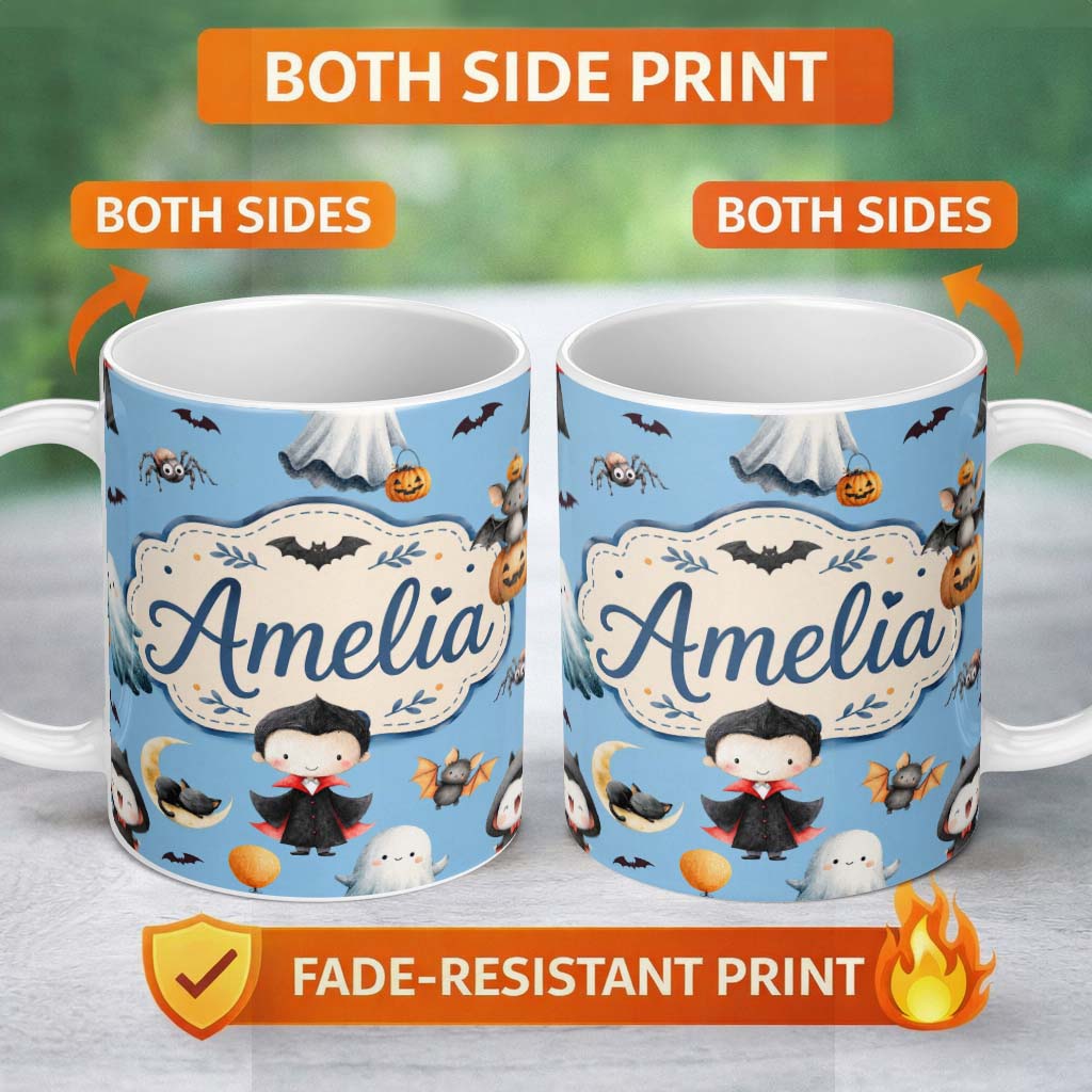 Personalized Custom Name Cute Halloween Vampire Ghost Bats Spooky Blue Background Seamless 11oz Ceramic Coffee Tea Mug White Large Handle